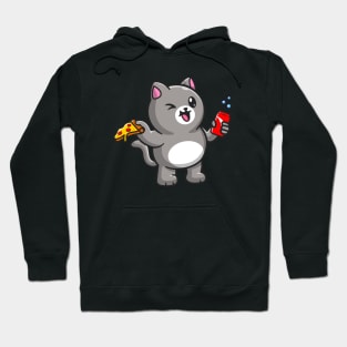 Cute Fat Cat Holding Pizza and Soda Cartoon Hoodie